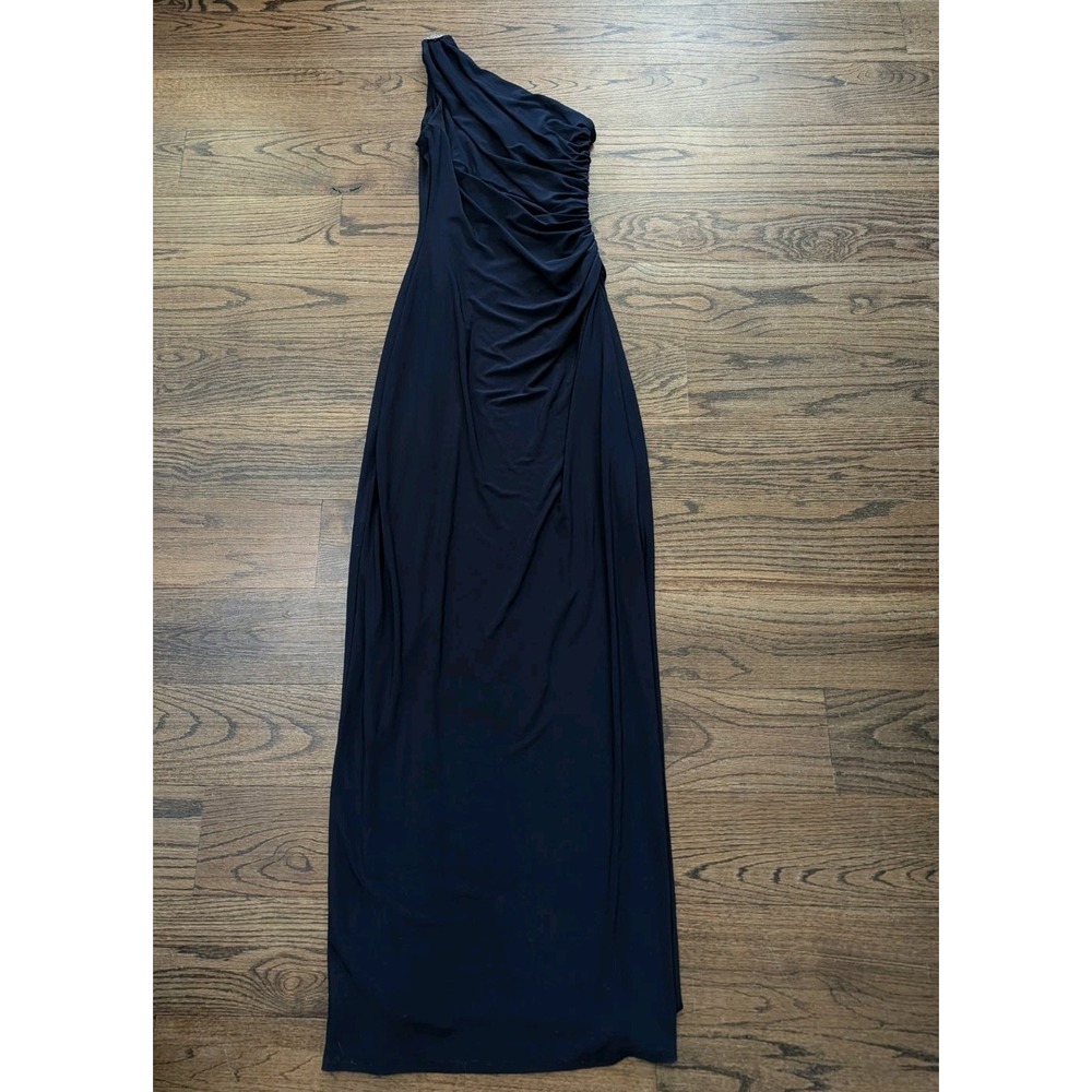 Lauren Ralph Lauren Evening Gown Navy Blue Jeweled One Shoulder Side Ruched Sz 2